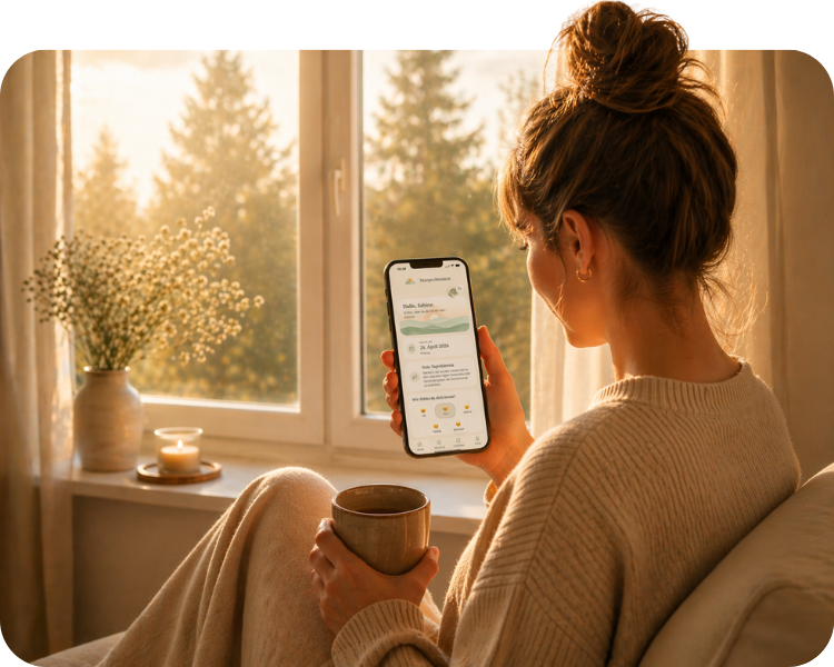 Frau hält Smartphone mit MorgenMoment App im warmen Morgenlicht